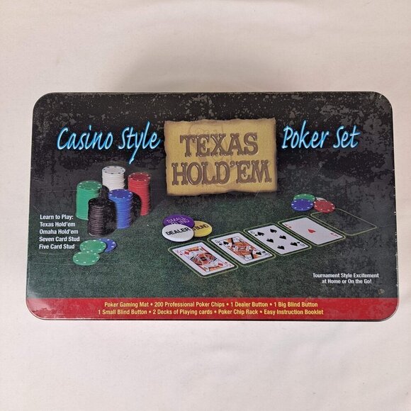 Texas Hold 'Em Casino Style Poker Set In Metal Tin Chips and More NWT - Picture 1 of 7